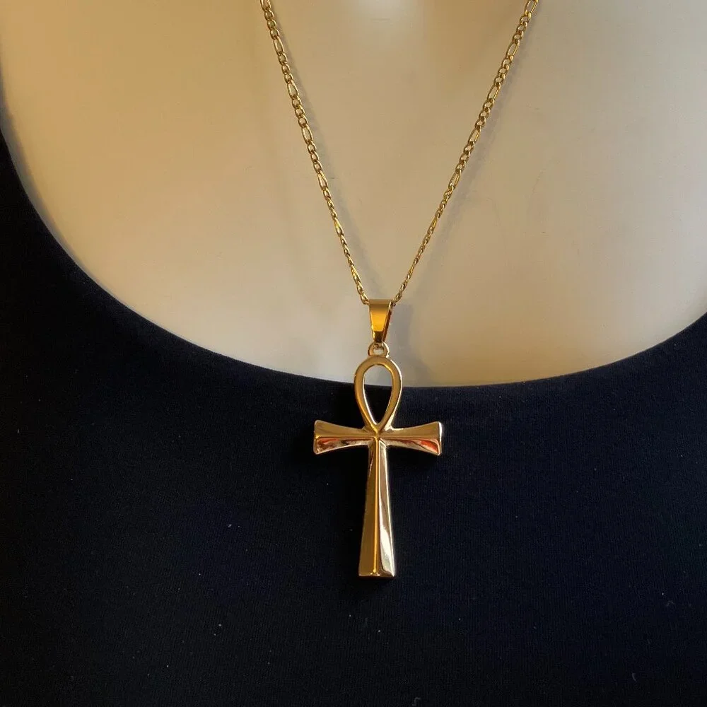 Real 18k Gold Plated 20 in Stainless Steel Figaro + matching Cross Pendant  NEW